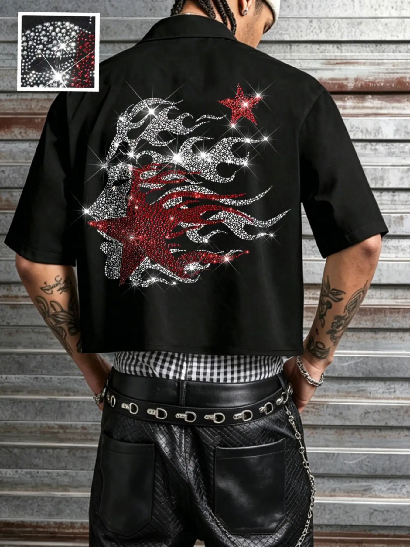 Men's Loose Rhinestone Flame Star Short Shirt, Y2K Sparkly Print, Casual Short Sleeve Top, All-Season Wear, Summer Party & Street Style, Menswear, Streetwear