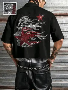 Men's Loose Rhinestone Flame Star Short Shirt, Y2K Sparkly Print, Casual Short Sleeve Top, All-Season Wear, Summer Party & Street Style