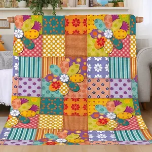 Soft and warm floral patchwork knitted blanket - polyester flannel quilted blanket, suitable for all seasons, modern design, suitable for naps, camping, travel, office, and home decoration - digital printing, multi-functional and multi-purpose blanket
