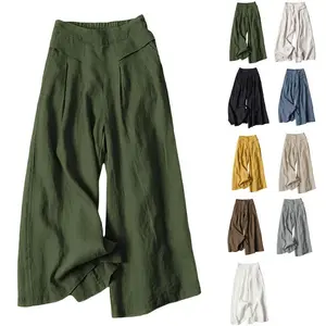 Women’s linen wide-leg pants, elastic waistband, casual pants, cropped pants GARMENTARY