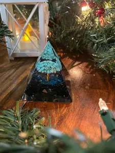 turquoise Tree of Life Pyramid-Obsidian Stone Positive Energy Chakra Reiki Meditation Crystal Orgone Pyramid EMF Protection Healing Pyramid