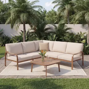Yurdafy 4-Piece L-Shaped Corner Sofa Set with Coffee Table, All-Weather Aluminum Frame, Waterproof Washable Cushions for Patio Garden, Beige