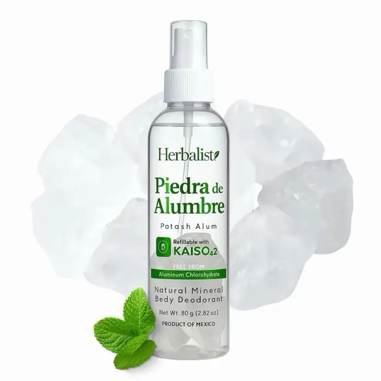 Herbalista Whole Body Natural Crystal Piedra Alumbre Deodorant Spray – Refillable 80g (2.82oz) Potash Alum Mist for Women, Men & Teens – With Real Alum Stones – Aluminum-Free, Long-Lasting & Gentle