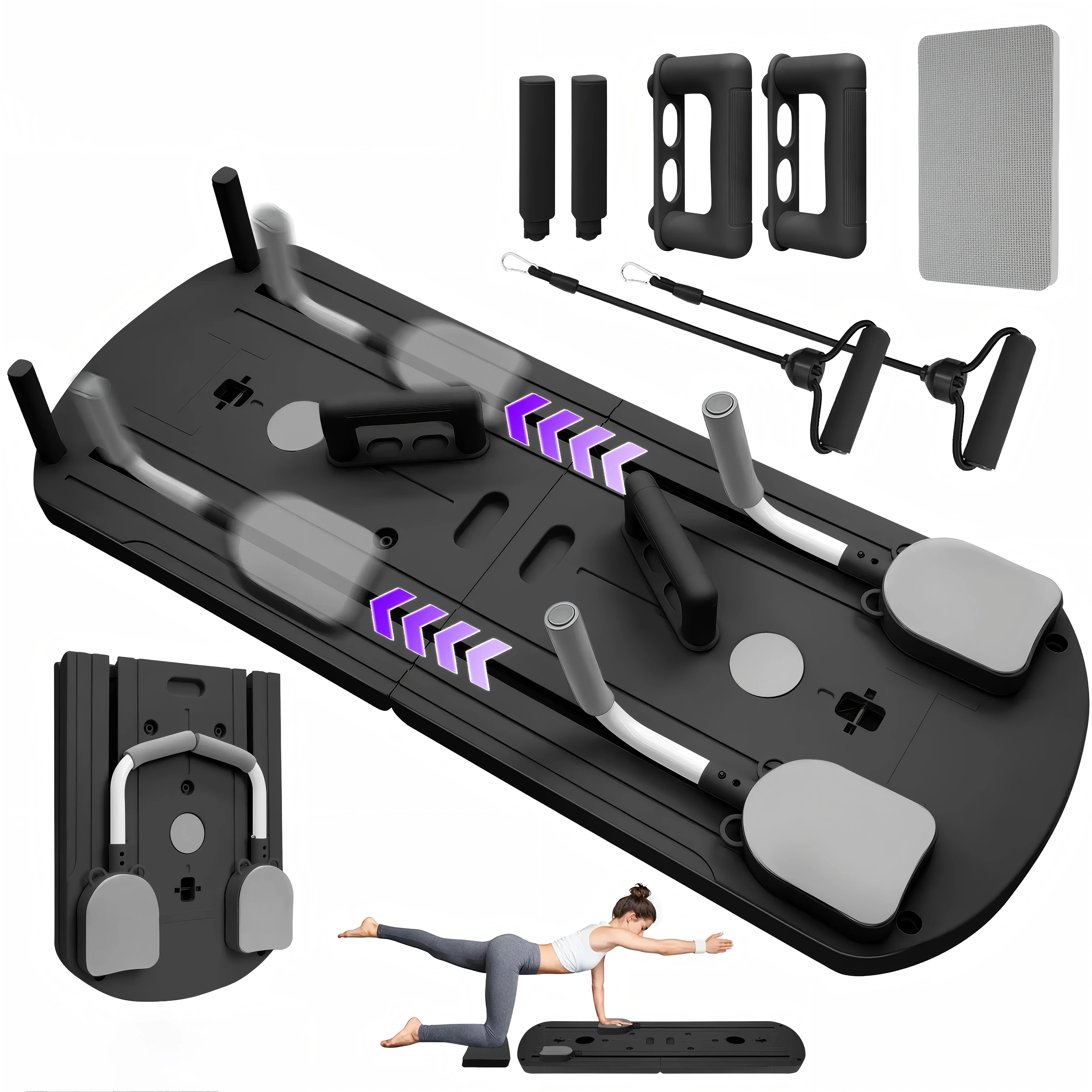 Foldable Pilates Board for Women, 4-in-1 Portable Home Workout System with Ab Roller & Resistance Bands for Enhanced Flexibility and Endurance, Compact, Easy To Store