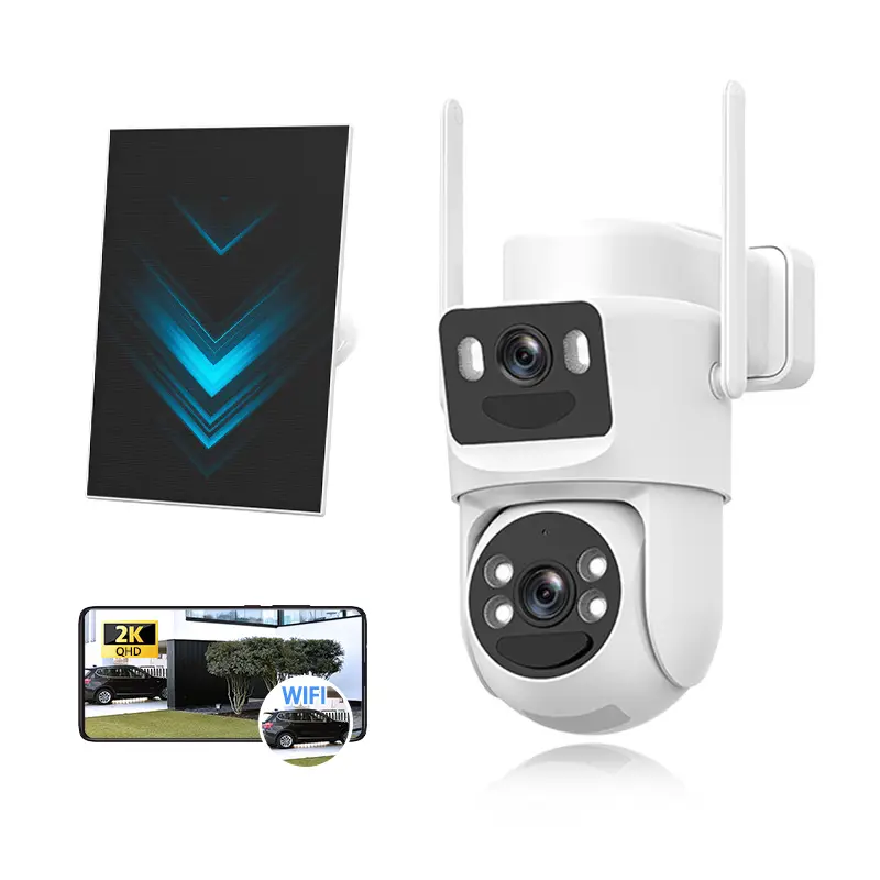 2-Pcs Set Dual-Lens Solar-Powered Wi-Fi Dome Camera, Ivory White Home Monitoring Camera, Low Power Consumption, Secure, Easy to Install for Home Security