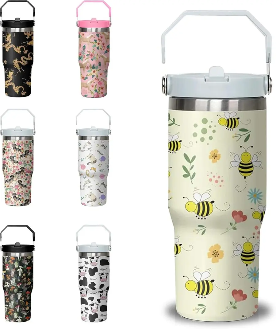 30 oz Insulated Stainless Steel Bee Tumbler - Kitchenware Drinkware with Handle, Flip Straw, Lid, Portable Water Bottle, Travel Coffee Mug, Christmas Birthday Gifts for Women Animal Lovers, Insulation