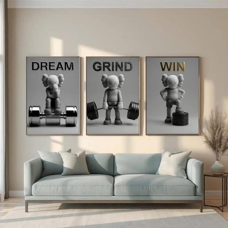 Decorative HypeBeast Kaws Patina Blue Designer Wall Art Poster Print Unframed Set Of 3, Kaws Style Hypebeast Decor, Arrtful Urban Decor Print, Kaws Figured
