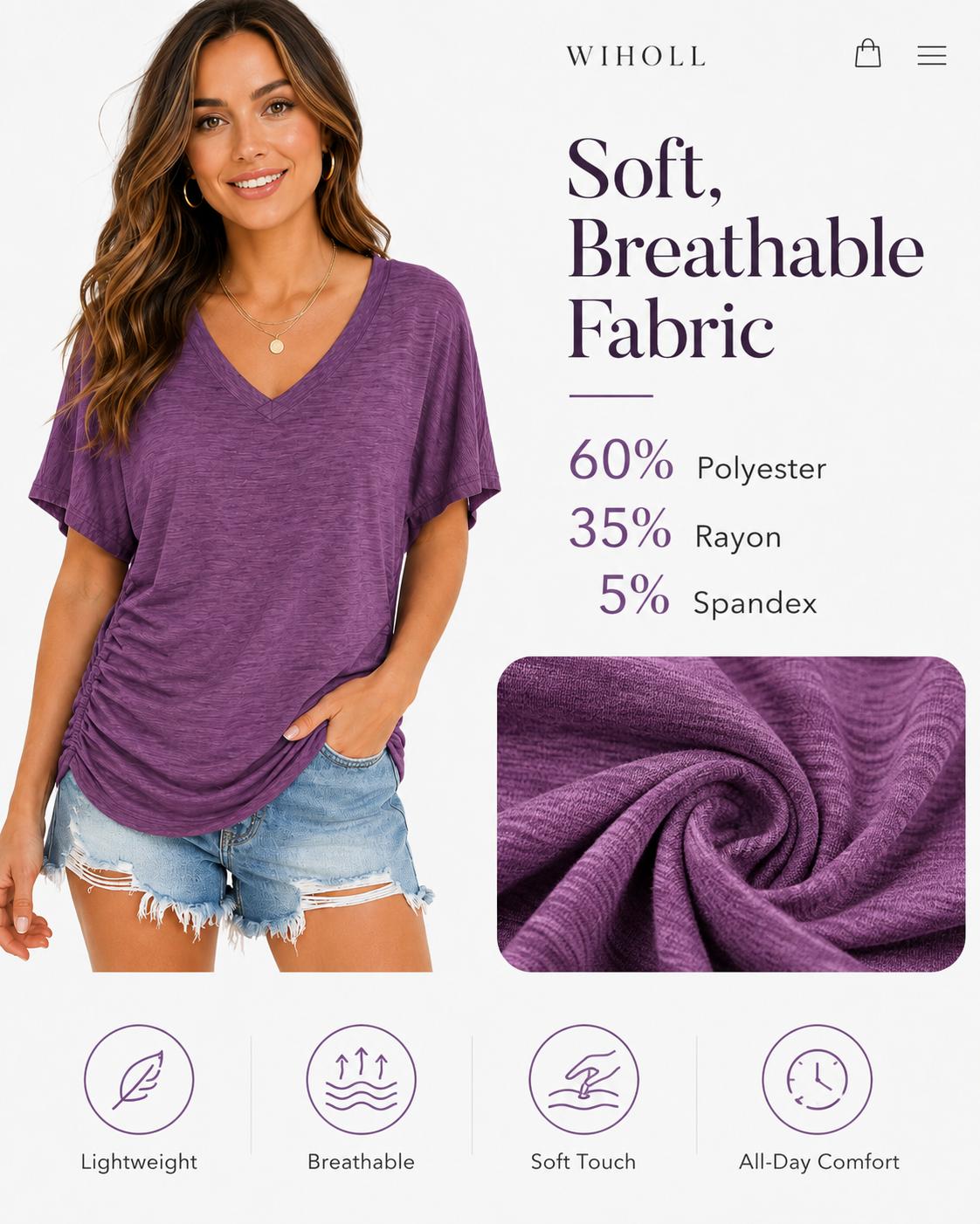 WIHOLL Womens Short Sleeve V Neck Dolman Tops with Side Shirring Loose Fit Shirts WIHOLL Womens Short Sleeve V Neck Dolman Tops with Side Shirring Loose Fit Shirts