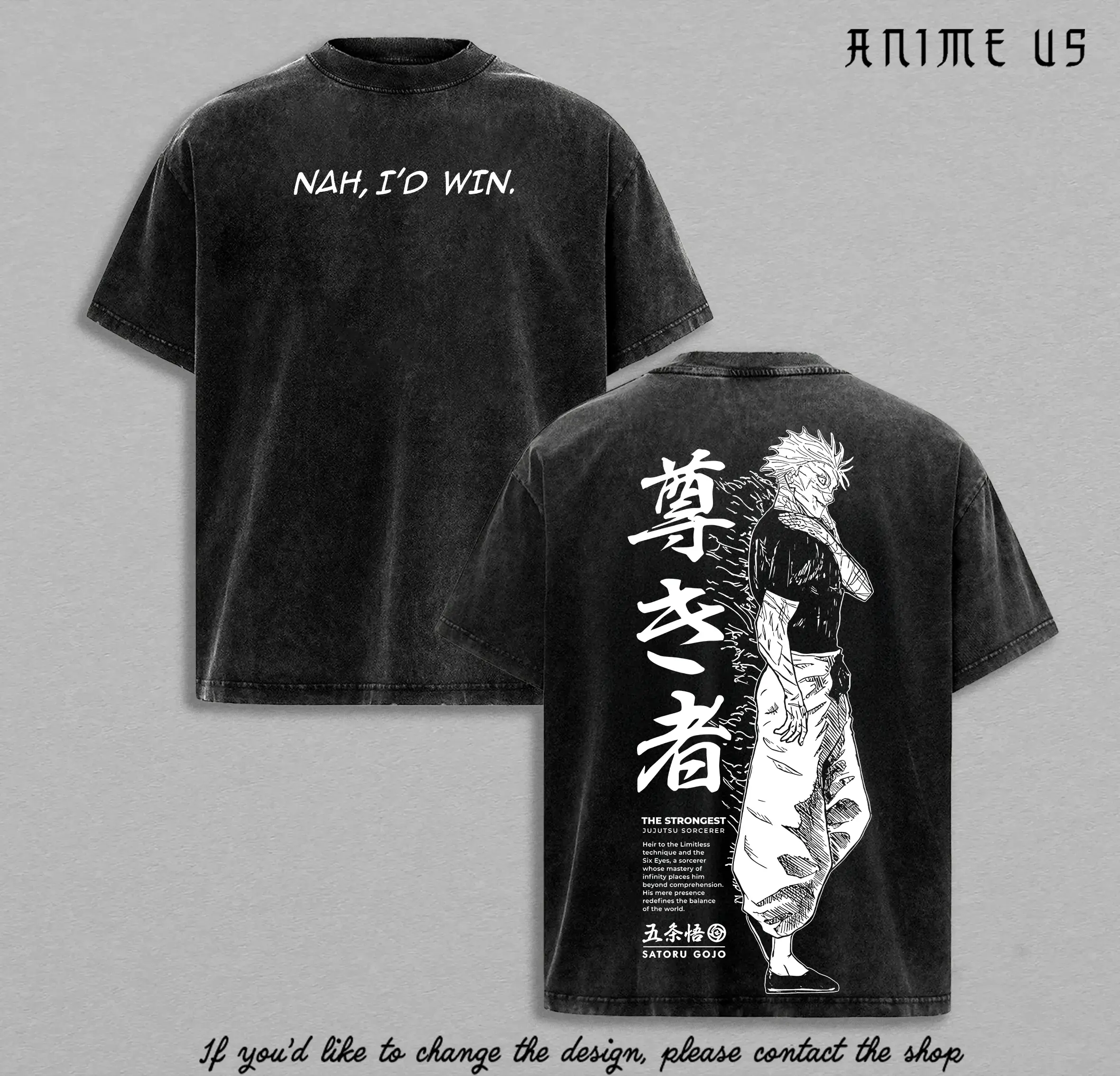 Gojo Satoru Inspired Vintage Washed Oversized Graphic T‑Shirt, Jujutsu Kaisen “Nah, I’d Win” Back Print Tee, The Strongest Sorcerer Anime Streetwear Casual Fan Gift Top