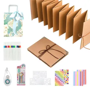 99+ Inch Scrapbook Albums, Small Photo Albumwith DIY Accessories Set, Stretchable Folding Kraft Paper Memory Book for Wedding Anniversary, DIY Craft Kit with Markers, Stickers, Dot Glue & Gift Bag