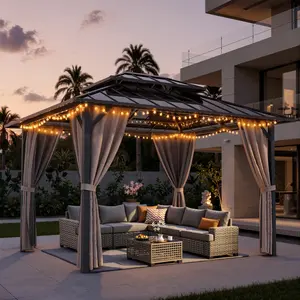 CAODOC 10' X 12' Permanent Hardtop Gazebo Iron Gazebo with Double Roof for Patio Lawn and Garden, Curtains and Netting Included