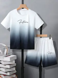 Boys' Gradient Letter Print Casual Set, Summer Comfortable Breathable Short Sleeve Shorts Two-Piece, Loose Fit Natural Waist