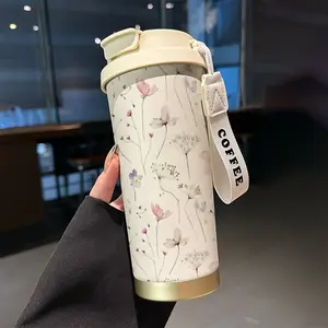 Spring Wildflower Coffee Cup, 530ML Insulated Travel Mug with Straw and Lid, Stainless Steel Vacuum Flask for Hot/cold Drinks