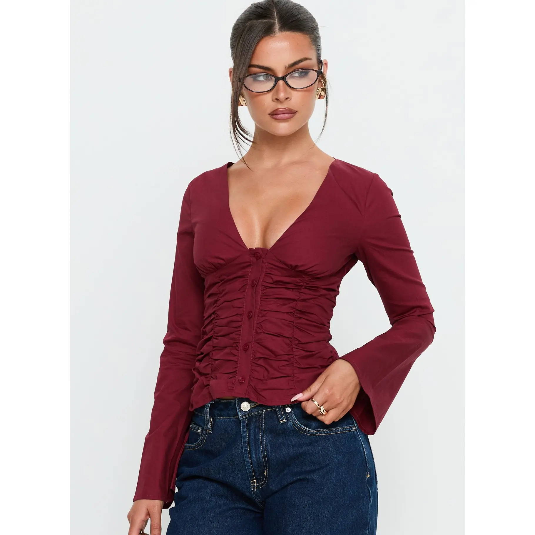 Zanetta Ruched Long Sleeve Top Burgundy Zanetta Ruched Long Sleeve Top Burgundy