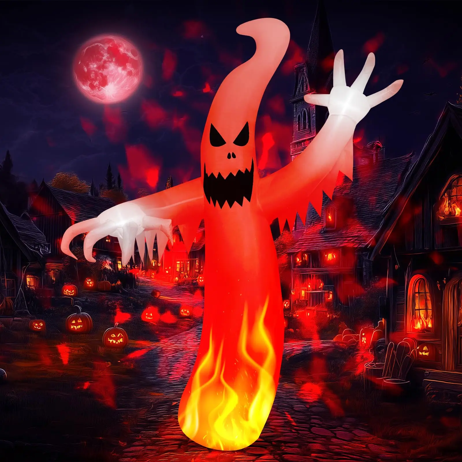 8 FT Halloween Inflatable Scary Ghost with Built-in LED Lights & Red Disco Light - Giant Blow-Up Outdoor Decor for Lawn, Garden, Halloween Party