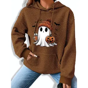 Women's Halloween Ghost Pumpkin Print Hoodie Casual Knit Polyester Sweatshirt With Kangaroo Pocket Long Sleeve Drawstring Hooded Top For Fall Winter Daily Wear Soft Comfortable Womenswear