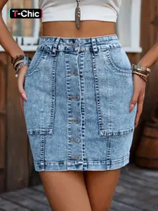 Women's Denim Skirt, Solid Skirt, Summer Fashion Casual Elegant Washed Jean A-Line Midi Dress, Comfortable Stretchy High Waist Design, Button Fly Skirt