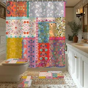 4pcs Shower Set with Non-Slip Rugs, Boho Floral Patchwork, Includes Shower, Lid Cover, and Bath Mat, Set with 12