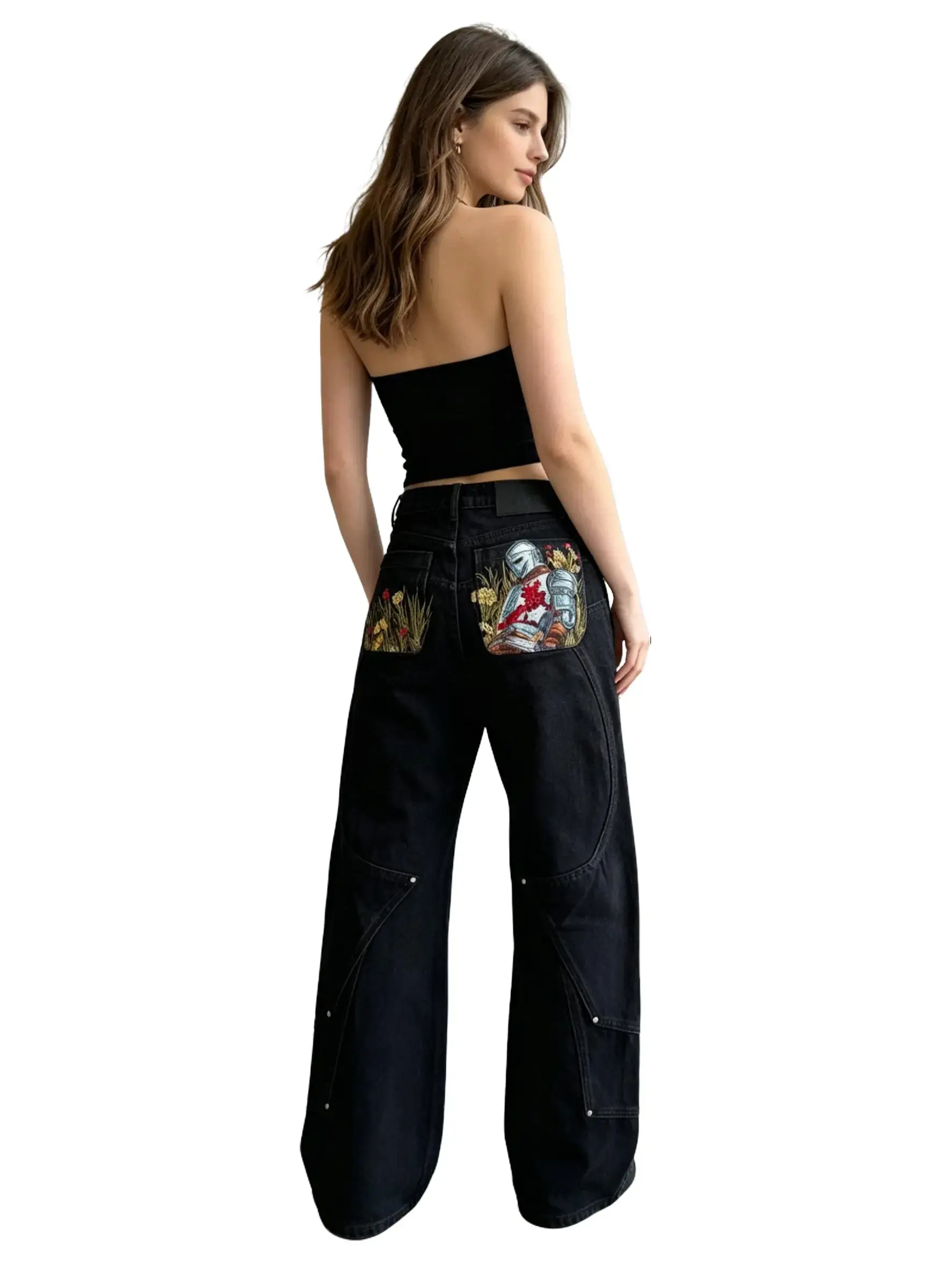 Women's Black Wide Leg Denim Jeans - Baggy Fit High Waist Pants with Knight Floral Embroidery, Patchwork Streetwear Trousers for Daily Wear Bottom Womenswear