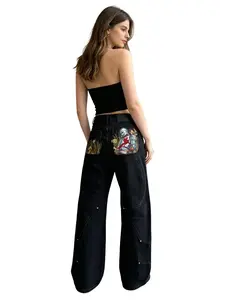 Women's Black Wide Leg Denim Jeans - Baggy Fit High Waist Pants with Knight Floral Embroidery, Patchwork Streetwear Trousers for Daily Wear