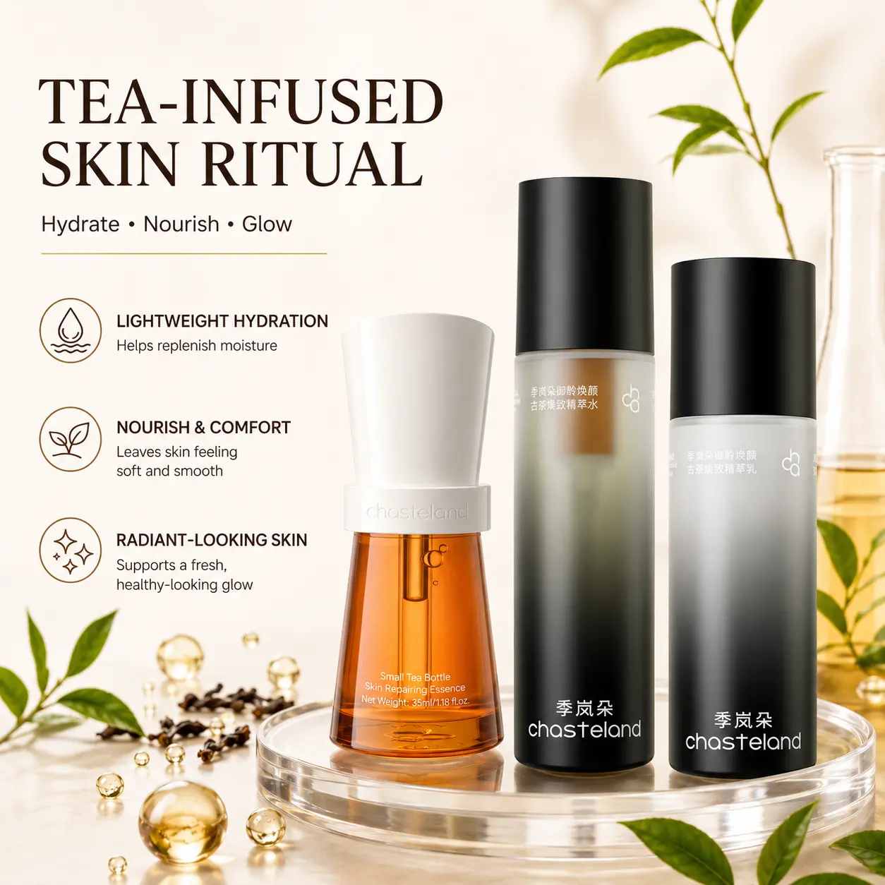 Chasteland—Tea Polyphenol Essence & Emulsion Set: Offers antioxidant and brightening benefits; firms the skin, repairs the barrier, and soothes sensitivity. It provides deep hydration while preventing dullness and signs of aging—an ideal gift.