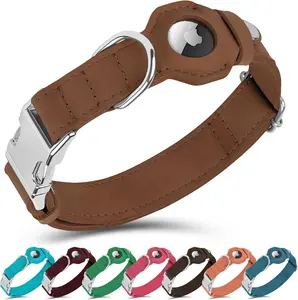 Leather Cat Collar with Airtag Holder - Non Breakaway Soft Adjustable Airtag Dog Collar with Metal Buckle - GPS Tracking Pet Collar for Small Dogs Puppy Cats (Cinnamon, XXS, 8"-11" Neck Fit) Budkas