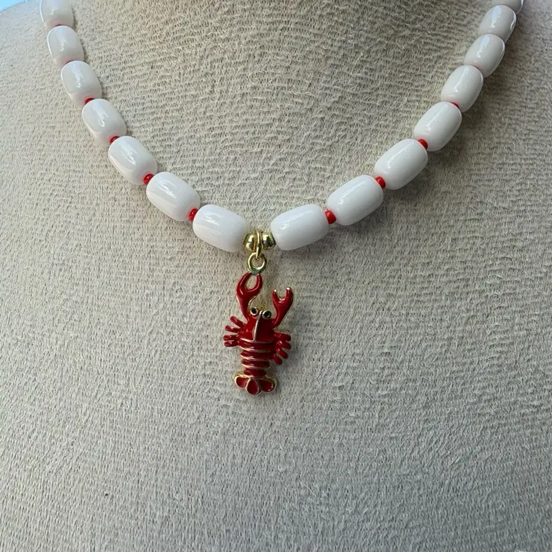 White Beaded Necklace with Red Lobster Charm | Coastal Summer Necklace | Beach Jewelry