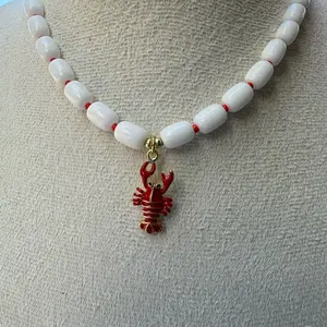 White Beaded Necklace with Red Lobster Charm | Coastal Summer Necklace | Beach Jewelry