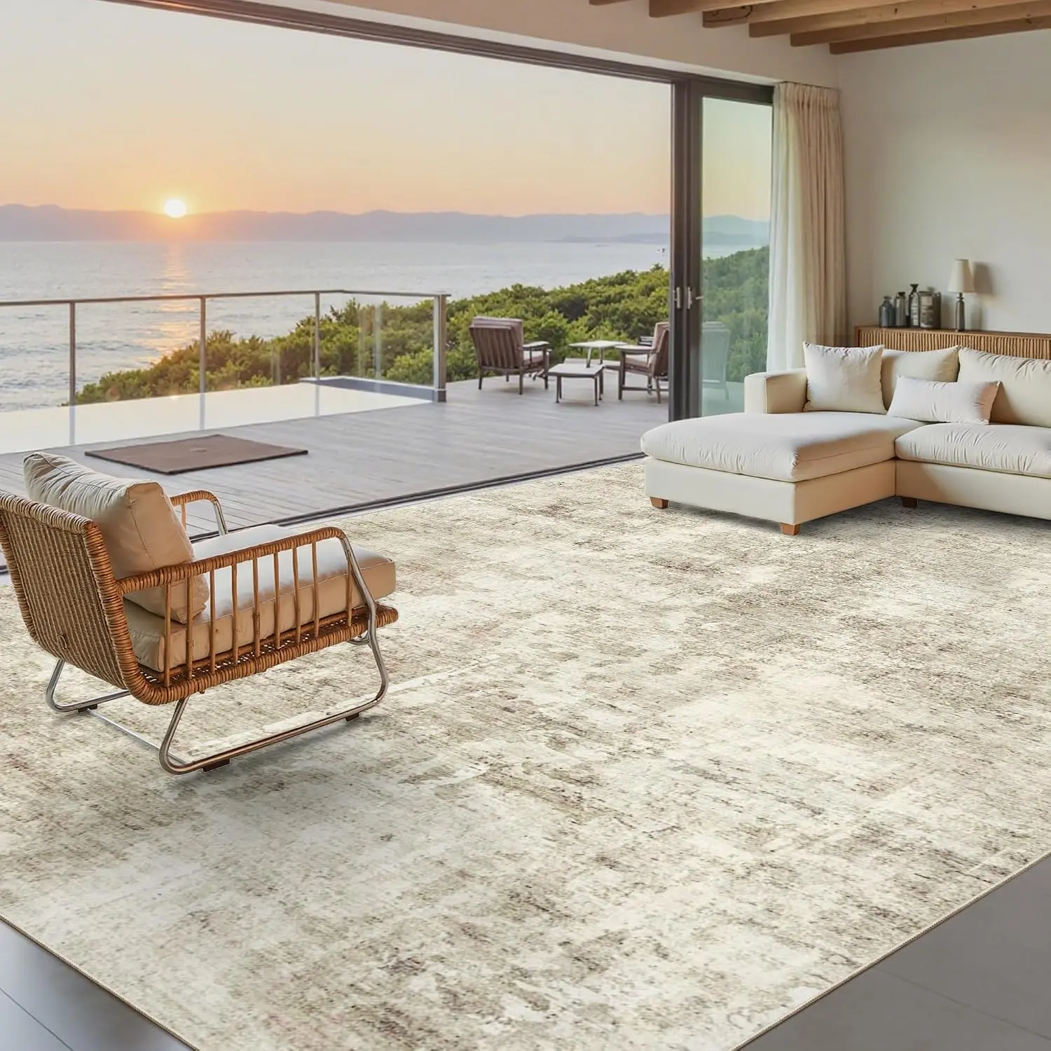 ComiComi Vintage Brown Boho 8'x10' Rectangle Geometric Area Rug - Ultra-Thin, Washable, Foldable, Non-Slip, Stain-Resistant, Super Soft Low-Pile Home Decorative Rug for Living Room, Bedroom