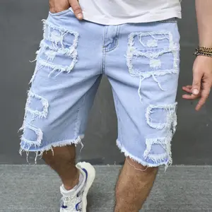 Men's Casual Fashion Cut Distressed Denim Shorts, Durable Stretch Loose Fit Light Blue Summer patch jean Denim Shorts Versatile Street Style Skate Pants for Daily Outing Y2K Streetwear