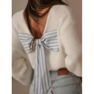 Women's Striped Bow Decor Sweater, Elegant Long Sleeve V Neck Jumper for Fall & Winter, Fashion Women's Knitwear for Daily Wear, Lady