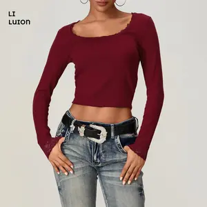 Women Lace Trim Short T-Shirts U-Neck Long Sleeve Shirts Spring Fall Daily Tops Streetwear