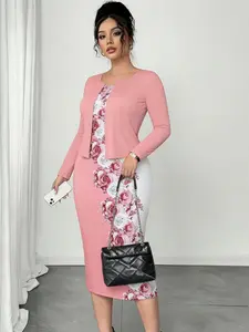 Women's Plus Size Soft Comfortable 2-Piece Coordinate Set - Sleeveless Cowl Neck Bodycon Solid Pink & Floral Print Midi Dress, Long Sleeve Ribbed Breathable Stretchy Cardigan for Casual & Work Wear, Elegance-Focused