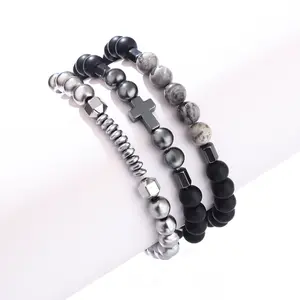 3pcs/Set Classic Cross Pendant Matte Bead Bracelets for Men Women Silvery Beaded Cross Bracelet Layered Stretch Dainty Stackable Boho Summer Jewelry