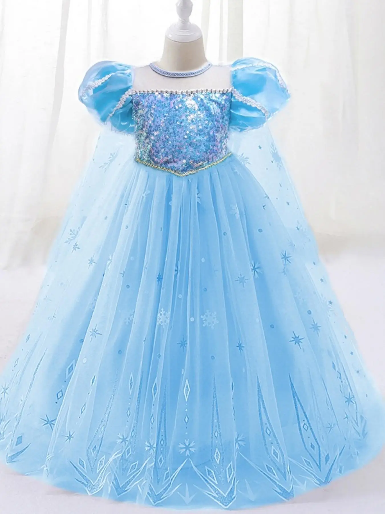 Girl's Contrast Mesh Sequin Decor Faux Pearl Decor Princess Dress, Elegant Puff Sleeve Round Neck Tutu Dress for Party, Kids Clothing for All Seasons,