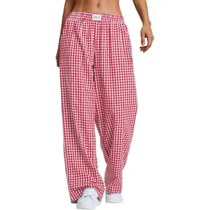 2025Women's Striped Gingham Boxer Pants Cotton Pajama Lounge Casual Plaid Trousers Y2K Beach Bottoms with Pockets
