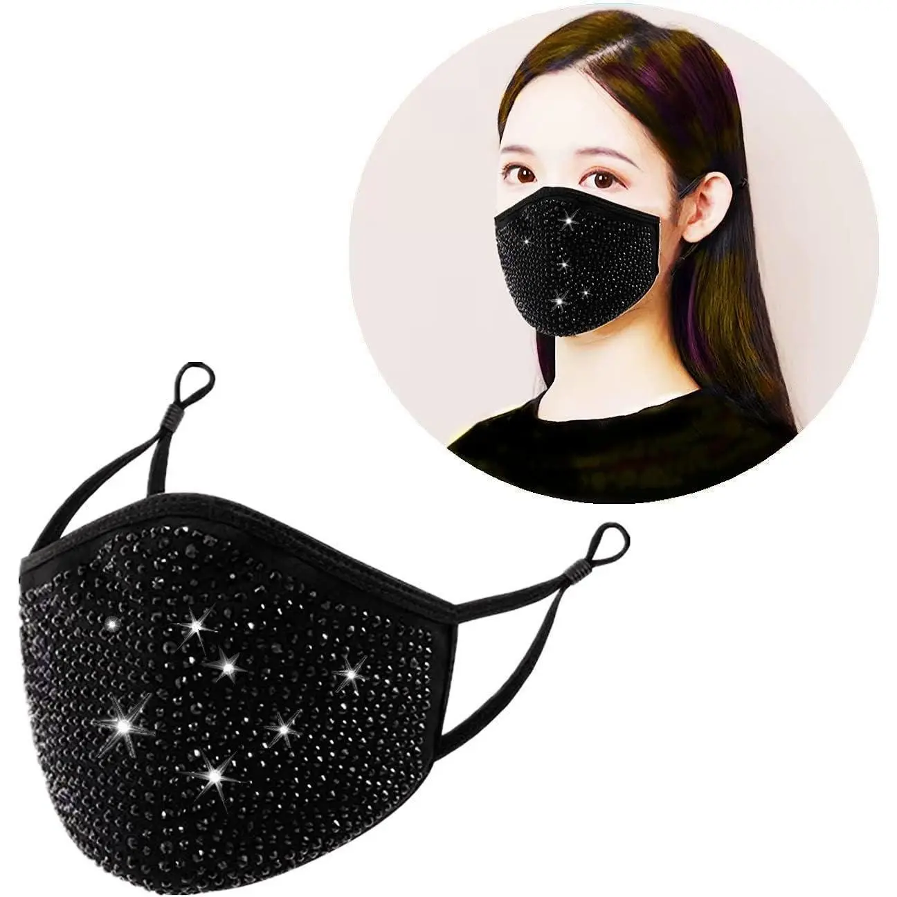 Women's 2-Pcs Reusable Cotton Masquerade Masks - Female, Rhinestone Sequin Glitter Gems, 3-Layers, Adjustable Ear Straps, Breathable Washable, Daily Shopping Fashion Face Covering Accessories for Party, Christmas