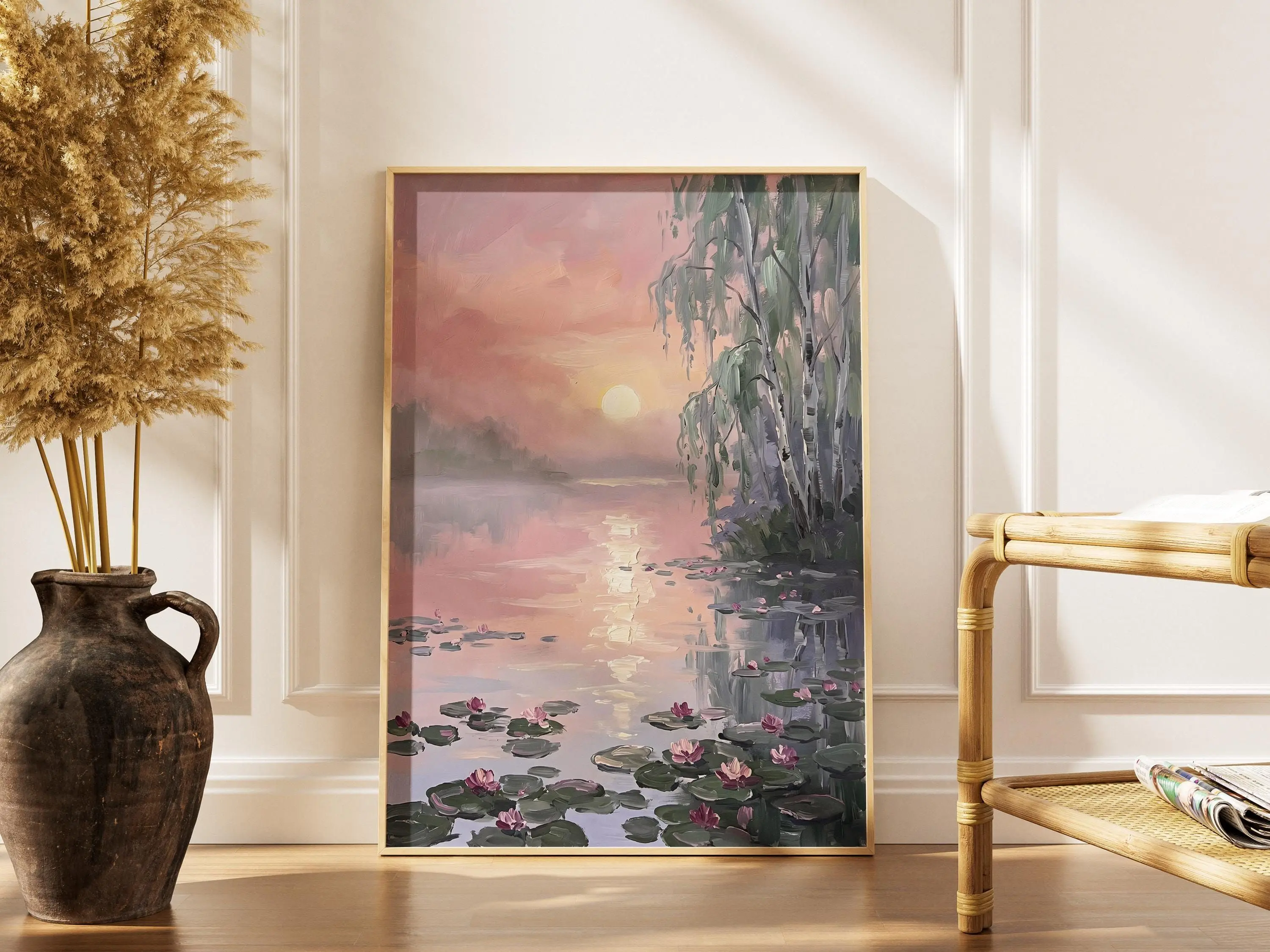 [SALE UP TO 40%] [Unframed] Water Lily Pond Wall Art, Monet Inspired Impressionist Print, Dreamy Pink Sunset Landscape, Bedroom Decor, Gift for Her