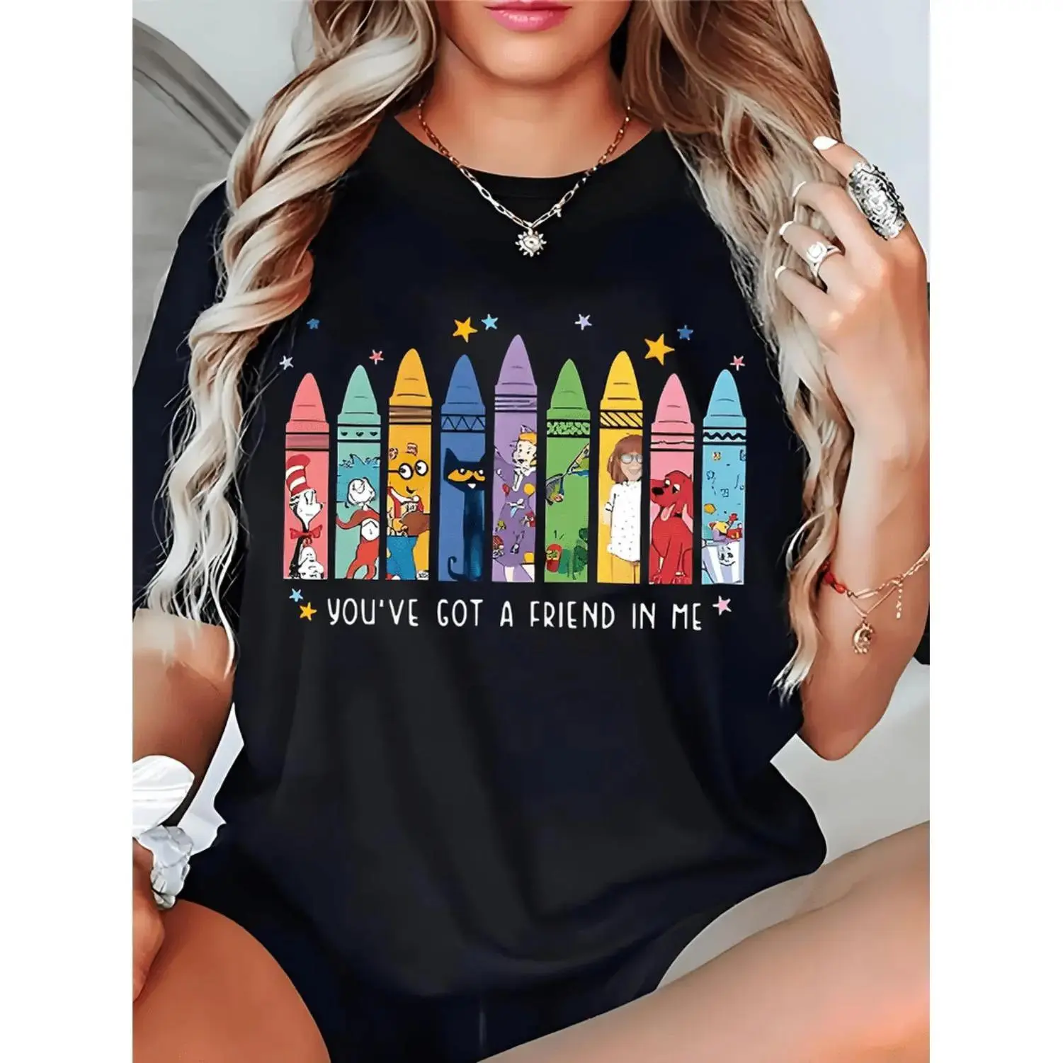 Women's Plus Size Slogan Sports Top - Colorful Pencil Illustration "You've Got A Friend In Me" Casual Tee Shirts, Breathable T Shirts For Women, Summer Outdoor Clothes Tops, Black-T Shirt-180G