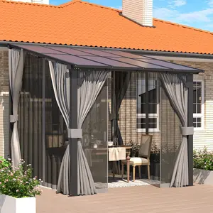 【2/3 packages arrived at different times】YODOLLA Gazebo for Patio, Small Wall-Mounted Lean to Pergola Gazebo with Curtains and Netting, 8x8 Hard Top Gazebo on Clearance for Lawn Backyard Garden Deck