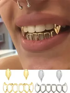 3pcs Vampire Aesthetic Top and Bottom Tooth Guards, Smooth Hollow Design, 14k Gold Plated Copper Material, Hip Hop Women's Teeth Protector