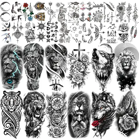 Temporary Tattoos, 36-Sheet Black Tiger Lion Wolf Totem Adult Tattoos Temporary, Fake Tattoos Men
