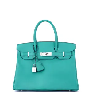 Pre-owned HERMÈS Leather Top Handle Bags Hermes Birkin Handbag Bleu Paon Epsom with Palladium Hardware 30 by Rebag