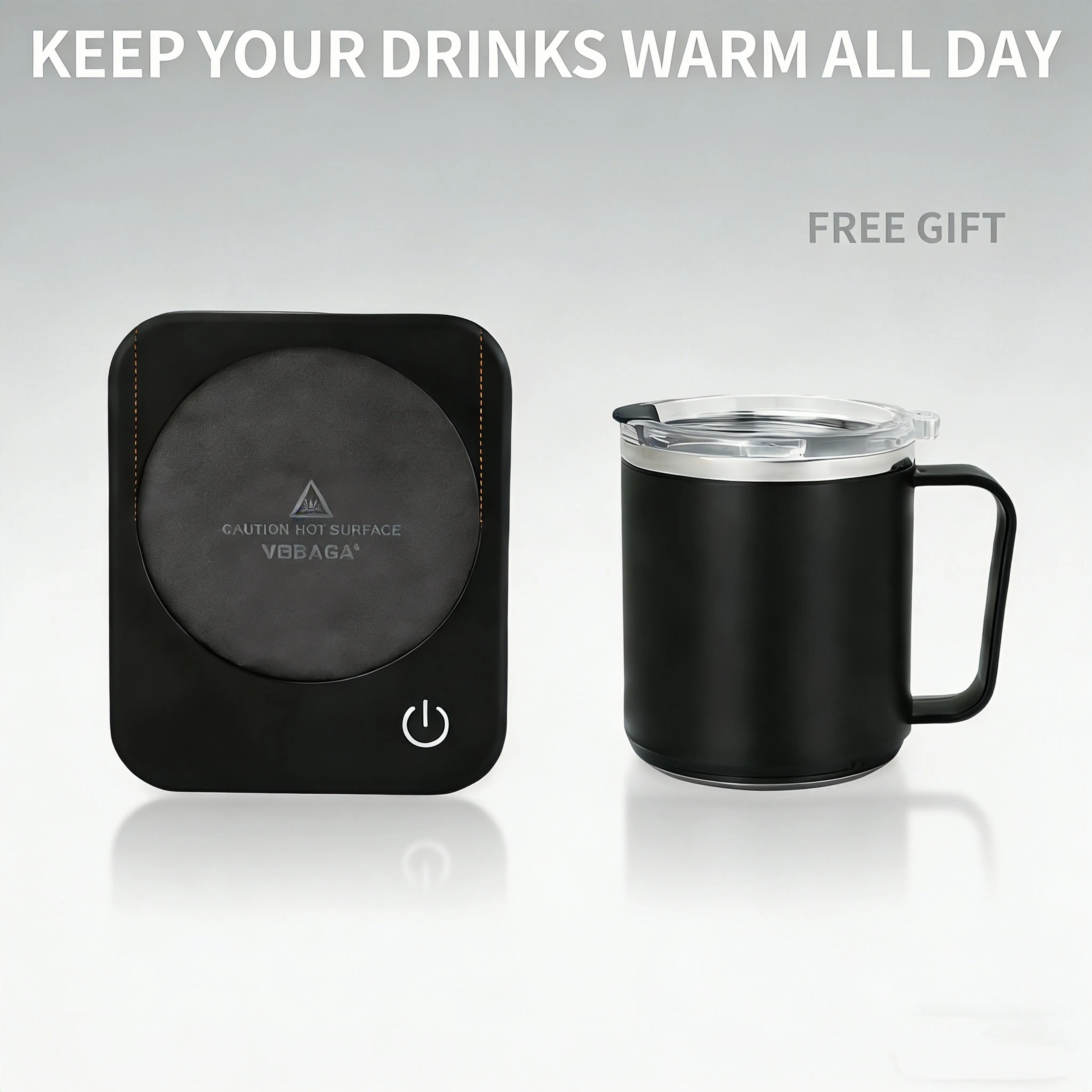 VOBAGA Self-heating Coffee Mug Warmer Set - 15oz Reusable Washable Insulated Stainless Steel Cup, 3 Temperature Settings, 4-Hour Auto Shutoff, Smart Safety Protection, Portable Insulated Mug for Bedside Tables, Office Use