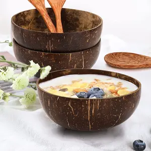 4 Coconut Bowls + 4 Coconut Wood Spoons Natural Eco-Friendly Tableware for Salad Yogurt Ice Cream
