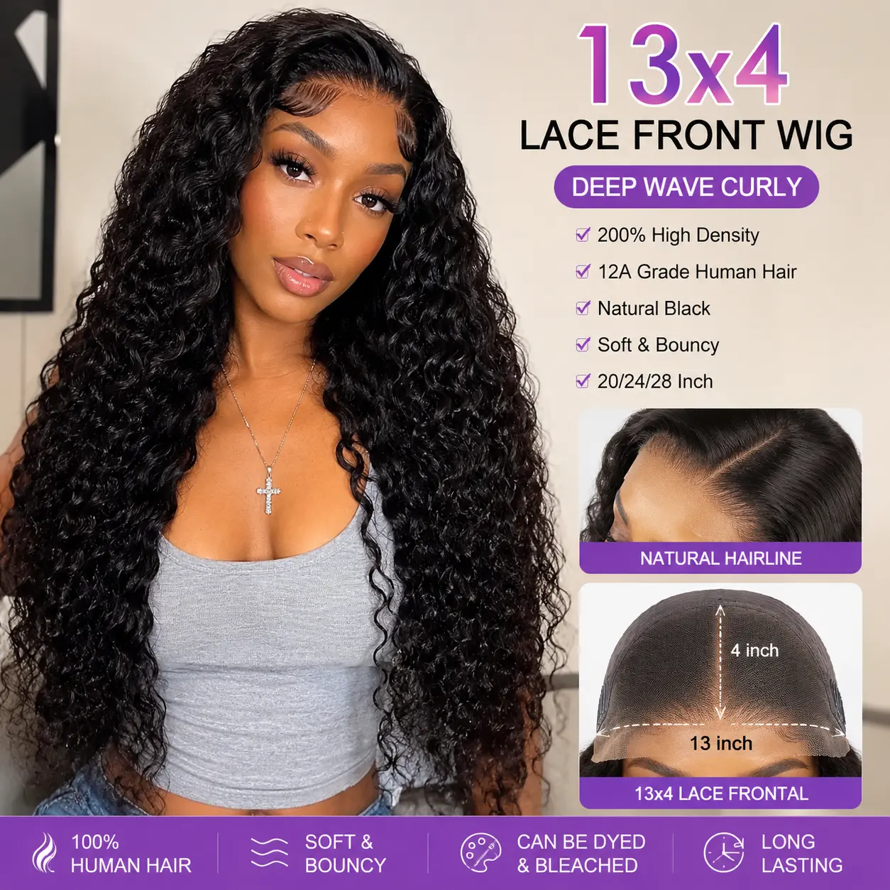 13x4 200% Density Premium 12A Deep Wave Curly Lace Front Wig Human Hair Wig Natural Black 20/24/28 Inch Soft Bouncy Daily Use For Black Women summervibes
