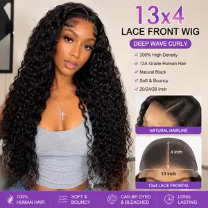 13x4 200% Density Premium 12A Deep Wave Curly Lace Front Wig Human Hair Wig Natural Black 20/24/28 Inch Soft Bouncy Daily Use For Black Women summervibes
