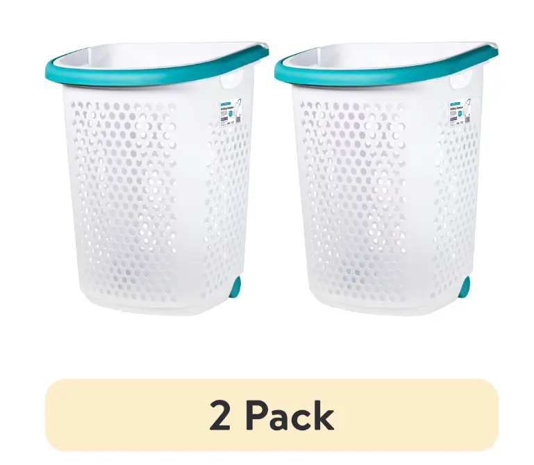 (2 pack) Home Logic 2 Bushel Rolling Plastic Laundry Hamper with Pop-up Handle, White, Adult
