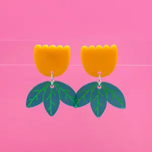 Modern Flower Earrings - Marigold & Green