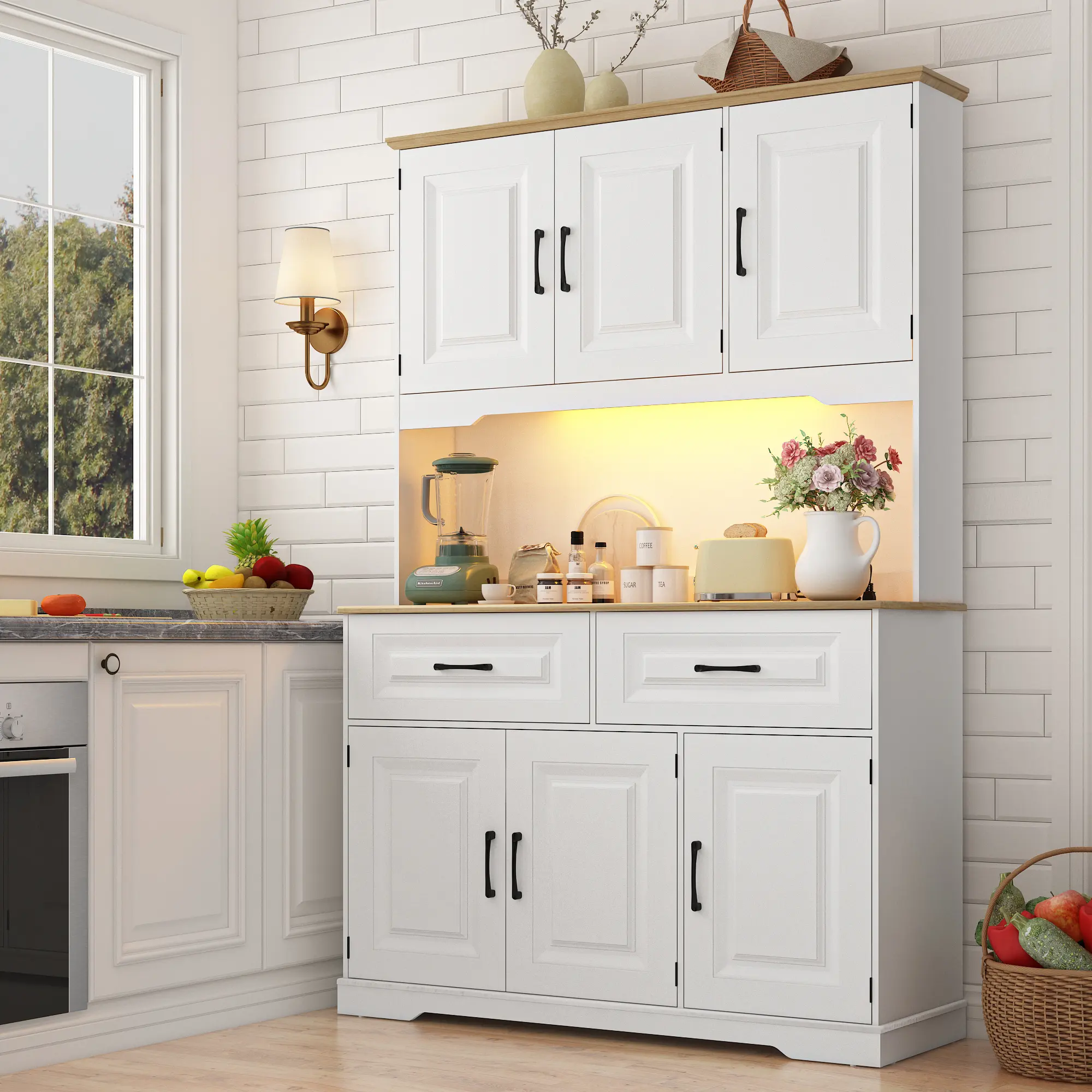 71" Tall Farmhouse Pantry Hutch Modern Storage Cabinet with Power Outlet, LED Light, USB Ports, 2 Drawers (28.66 lbs), 8 Doors, Open Space & 188 lbs Countertop for Kitchen Organization